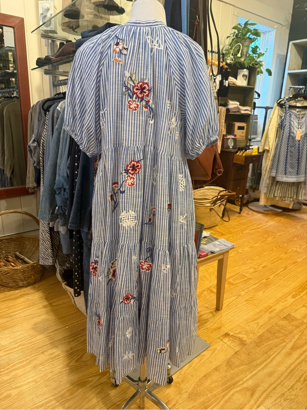Kyla Seo Blue Striped Embroidered Maxi Dress - Puff Sleeve - Picture 2 of 11